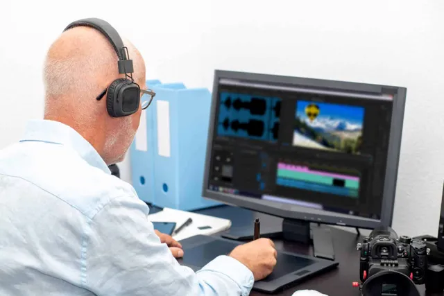 stock photo of man editing video on computer