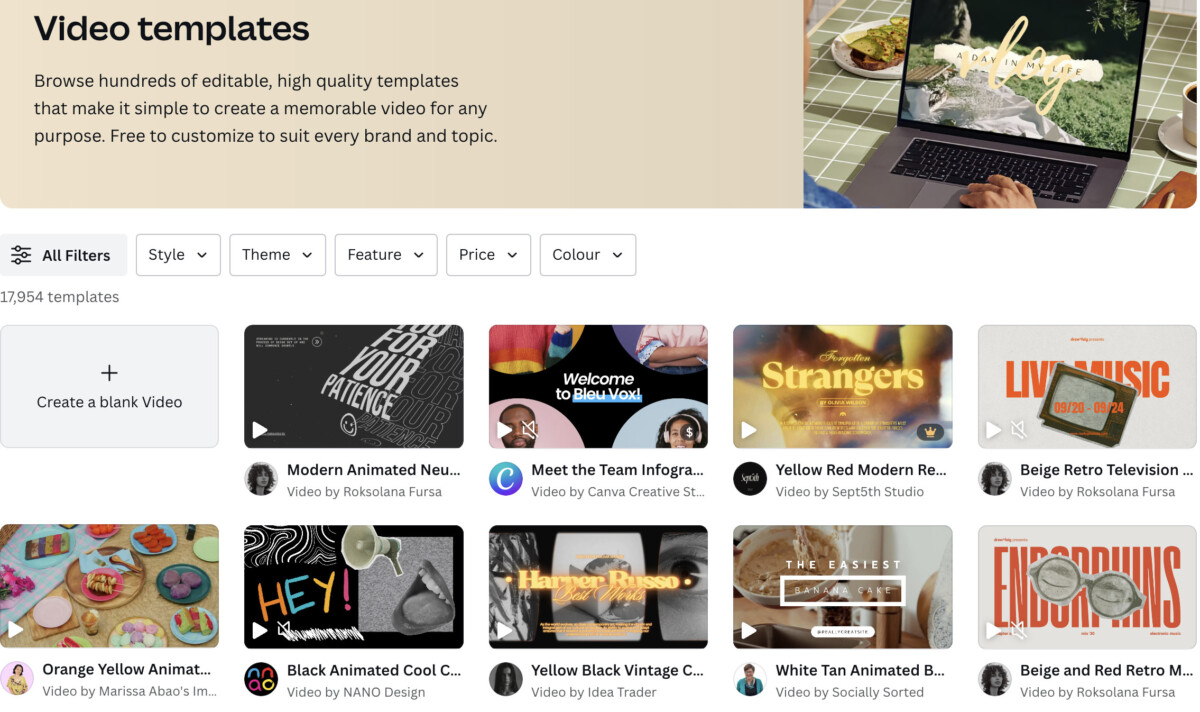 Editable Video Templates: Empower Creativity at a Low Cost 20 canva.com, screenshot showing stock video templates from Canva