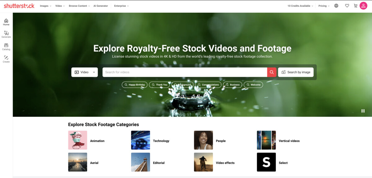shutterstock video pricing, homepage of video library on shutterstock